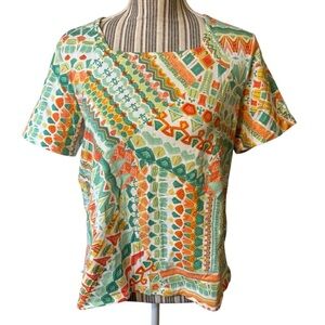 Alfred Dunner Top XL Petite Orange Green White Geometric Short Sleeve Tee